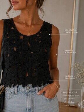 💙 Acemi Black Crochet Floral Tank Top